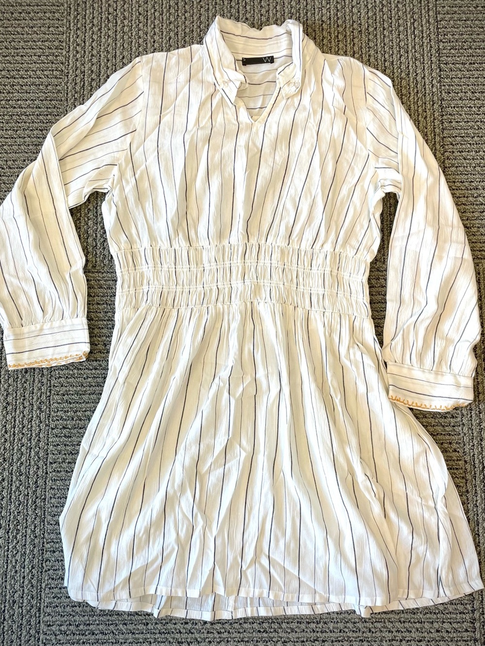 Long-Sleeve Smocked Waist Shirt Dress - White with Navy Stripes